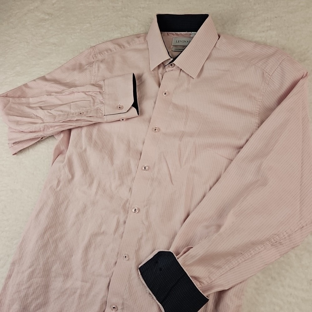 READ Levinas Contemporary Fit Mens Sz M 15/15.5 Pink Pin Dot Pattern Dress Shirt